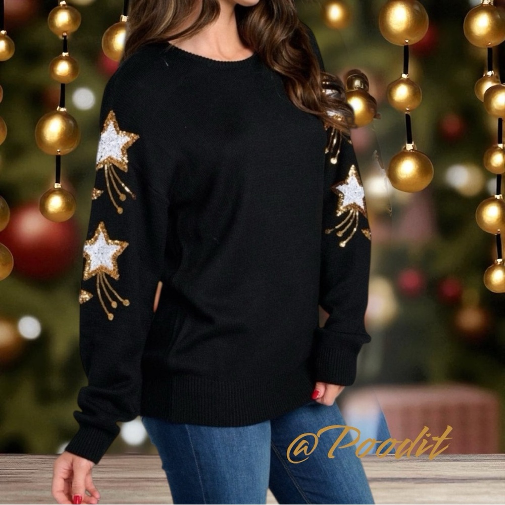 PEACH LOVE CALIFORNIA black gold star accents beautiful sweater S M L - Picture 3 of 10